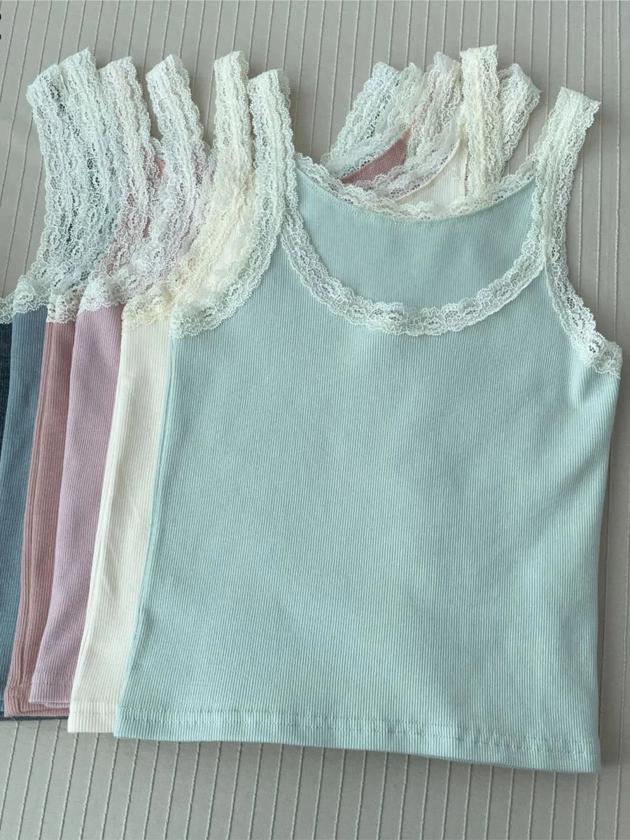Sweet Lace Trim Cotton Sleeveless Vest Women Summer New Casual Slim U-neck Sexy Tank Tops Cute Vintage Preppy Style Camisole Y2K
