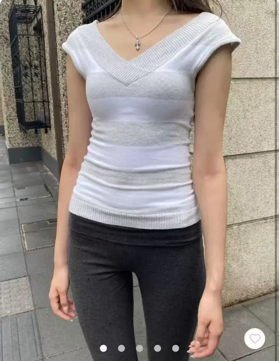 Striped Knitted V-neck Slim Vest Women Summer Cotton Chic Sweater Sleeveless Tank Tops Female Cute Preppy Style Sweet Crop Top