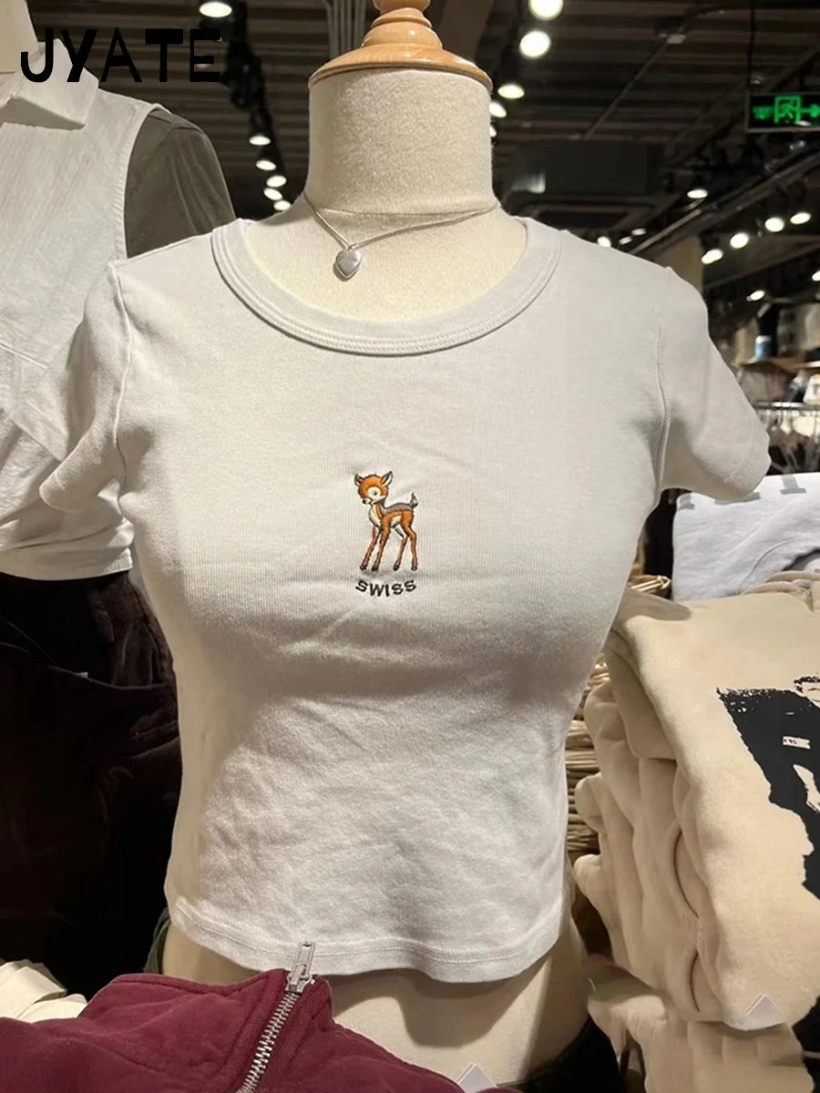 Fashion Heart Bear Embroidery Crop Tops Women 2024 New Cotton Casual Streetwear Short Sleeve Tee Vintage Sweet Cute T-shirts Y2K