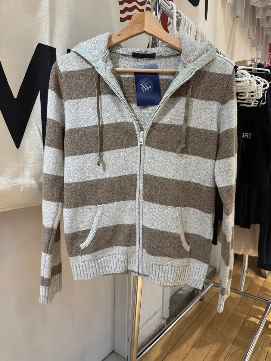 Striped Pockets Knitted Hooded Sweater Women Autumn Fashion Cotton Retro Crop Pullover Tops Vintage Chic Sweet Cardigan Jumper