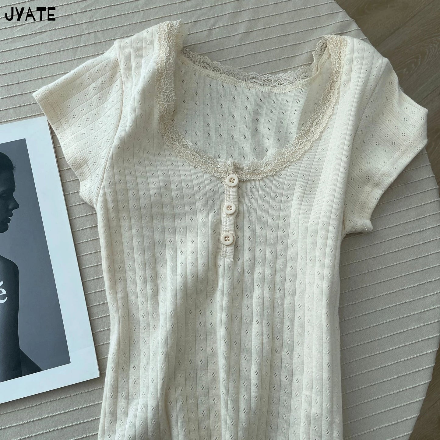 Eyelet Lace Trim Buttons Short Sleeve Tees Women New Casual Slim Streetwear Tops Femme Sweet Vintage Preppy Style T-shirts Y2K