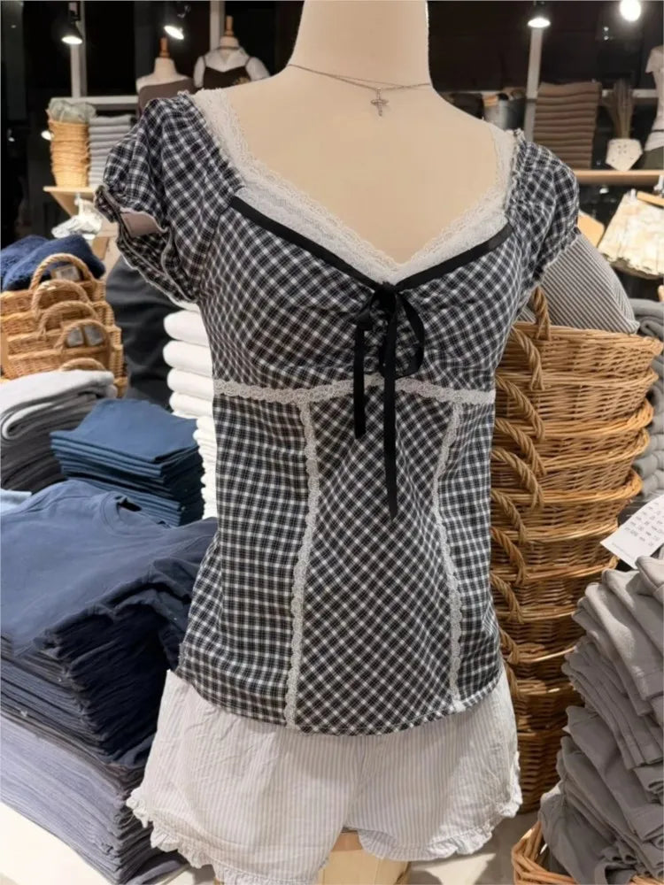 Plaid Lace Trim Tie T-shirts Women Elegant Fairy Style Square Neck Cotton Short Sleeve Tees Female Sweet Cute Ballet T Shirt Y2K