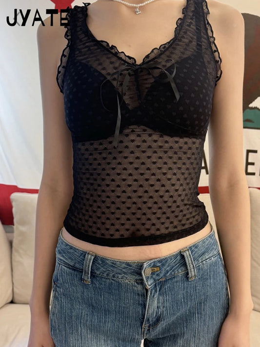 Hearts Mesh Thin Lace-up Tank Tops Women 2024 New Jacquard Transparent Sexy Slim V-neck Vests Vintage Sweet Bow Chic Camis Y2K