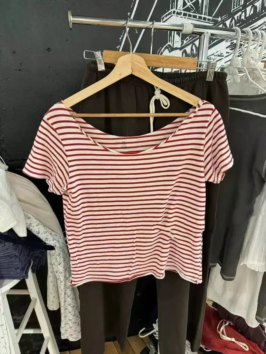 Red Striped Raw Hem Crop Tops Women Summer Sexy Slash Neck Slim Cotton Short Sleeve Tees Female Vintage Chic Sweet T-shirts New