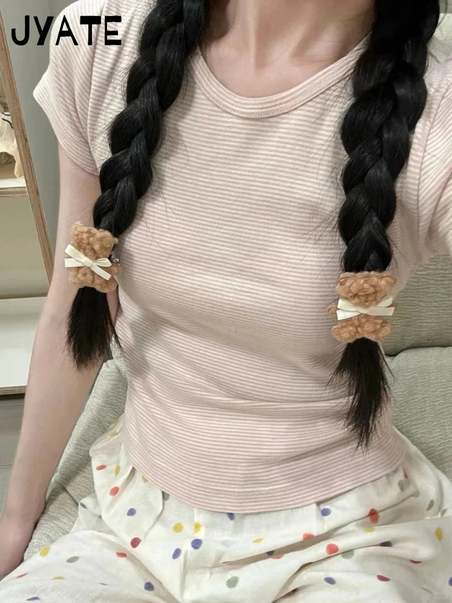 Cute Pink Striped Two Piece Set Women Cotton Slim O-neck T-Shirt With Straight Short Pant Sweet Pajama Tees Shorts 2 Pieces Sets