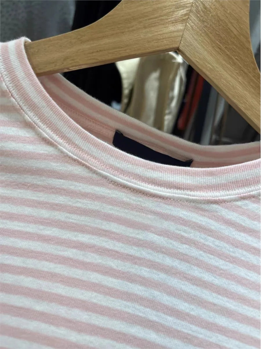 Sweet Pink Striped Long Sleeve T-shirt Woman Spring New Y2K O-Neck Cotton Slim Tshirts Tops Female Cute Preppy Style Tee Shirts