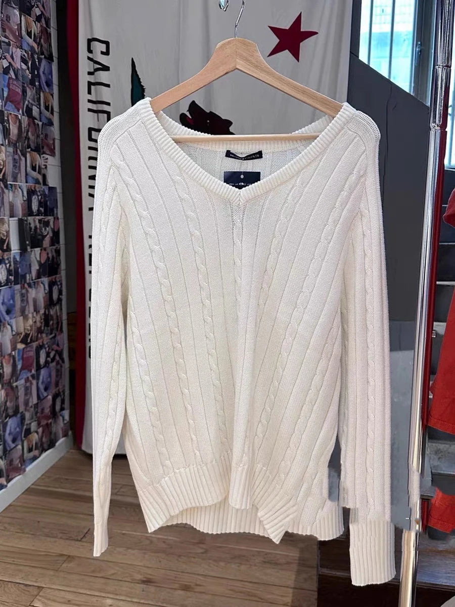 Women V-neck Knitted Sweater Casual Autumn Winter Cotton Warm Loose Twisted Flower Pullover Tops Harajuku Solid Vintage Jumper
