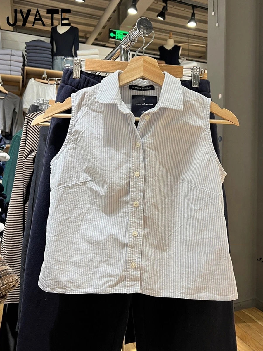 Fashion Blue Striped Tank Tops Women New Casual Turn down Neck Cropped Sleeveless Vests Preppy Style Vintage Chic Crop Tops Y2K