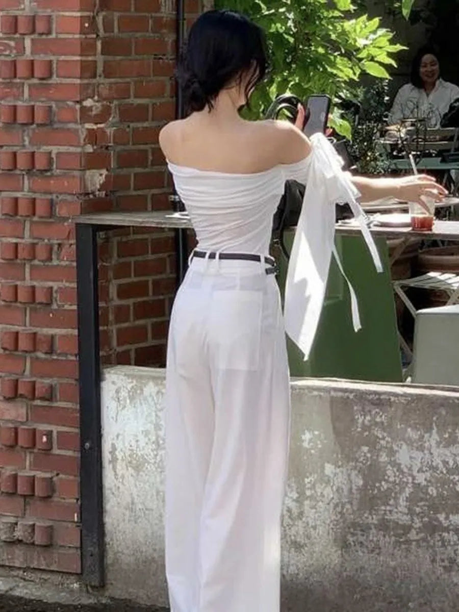 White Strap Irregular Short Sleeve Tee Women Summer New Slim Slash Neck Pleated Arm Tshirt Tops Elegant Chic Sweet T-shirts OOTD