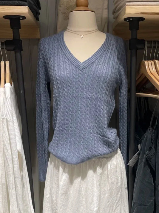 Haze Blue V-neck Knitted Sweater Women Fall Winter Casual Cotton Warm Twisted Flower Pullover Top Sweet Preppy Style Cute Jumper