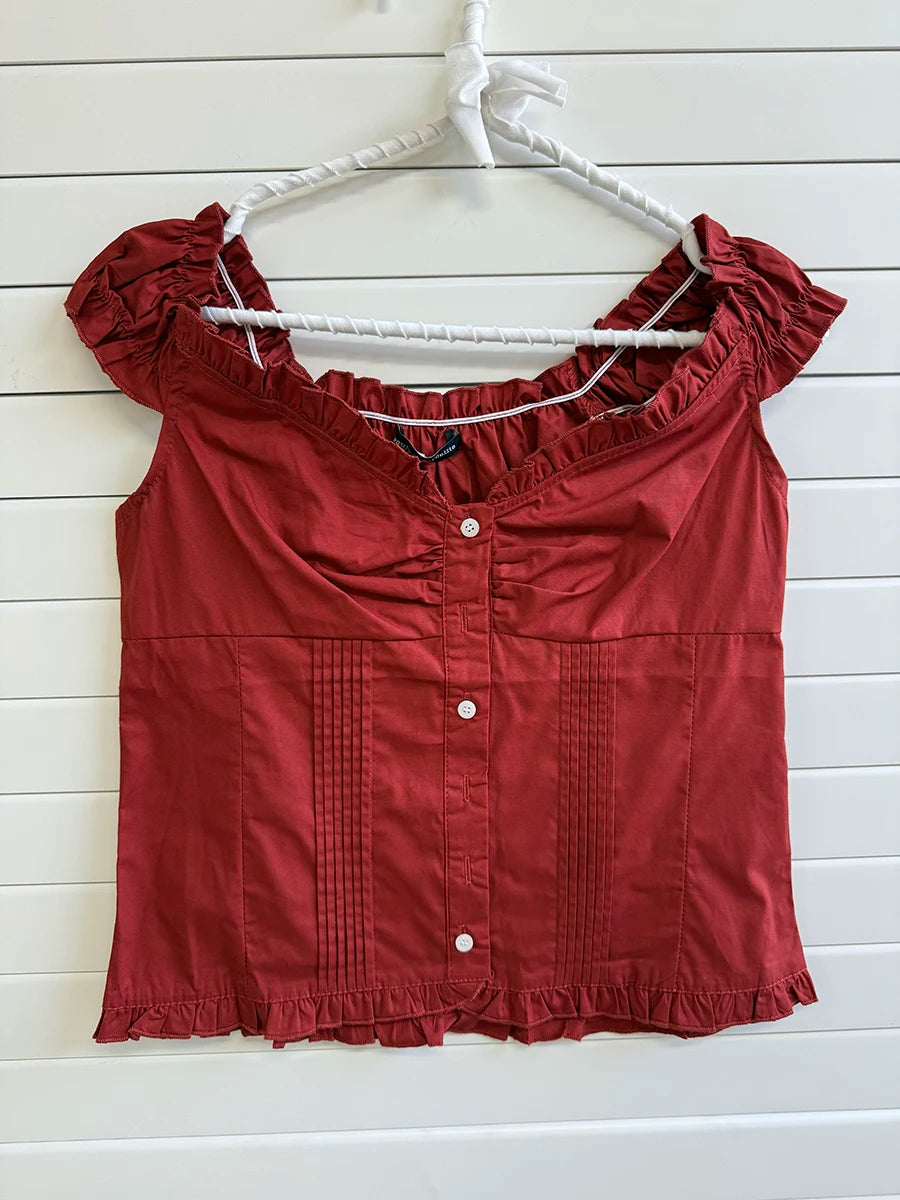 Cute Red Plaid Folds Blouse Tees Women Casual Single Breasted Ruffle Sleeveless Tank Tops Sweet Vintage Preppy Style Camisole