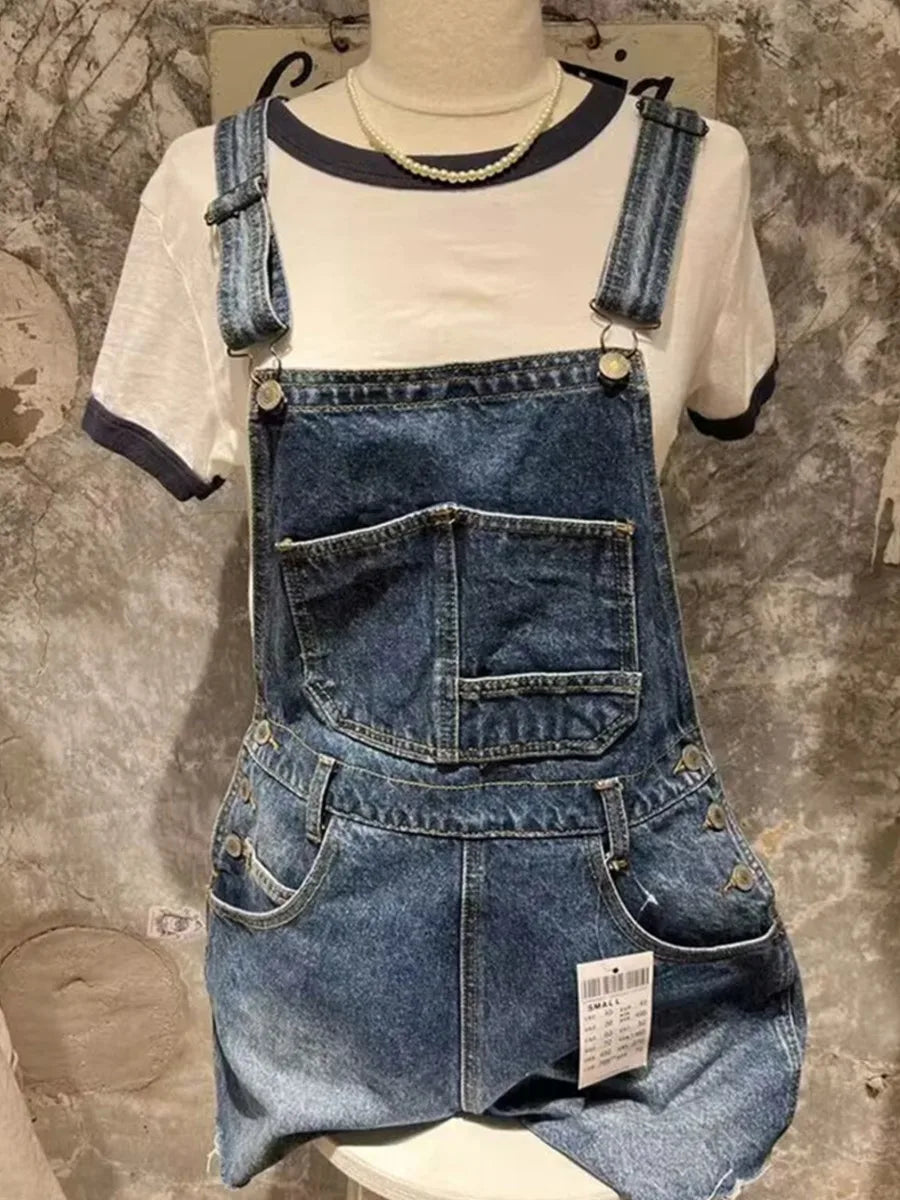 Fashion Y2K Raw Hem Denim Overalls Women Summer Casual High Waist Pockets Straight Short Pants Streetwear Vintage Shorts Sweet
