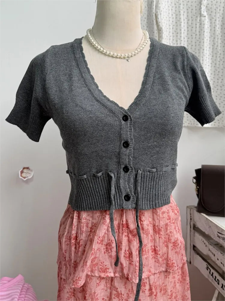 Solid Drawstring Slim Cropped Knitwear Top WomenV-neck Short Sleeve Cotton Thin Short T-shirts Sweet Casual Simple Crop Tops