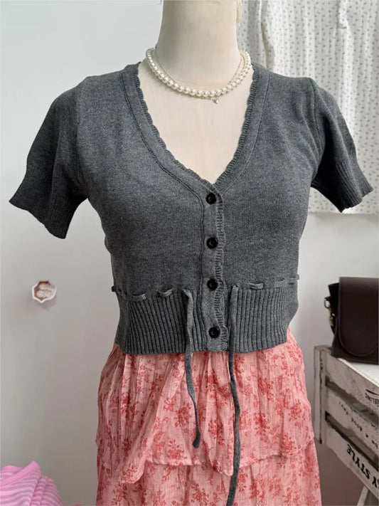 Solid Drawstring Slim Cropped Knitwear Top WomenV-neck Short Sleeve Cotton Thin Short T-shirts Sweet Casual Simple Crop Tops