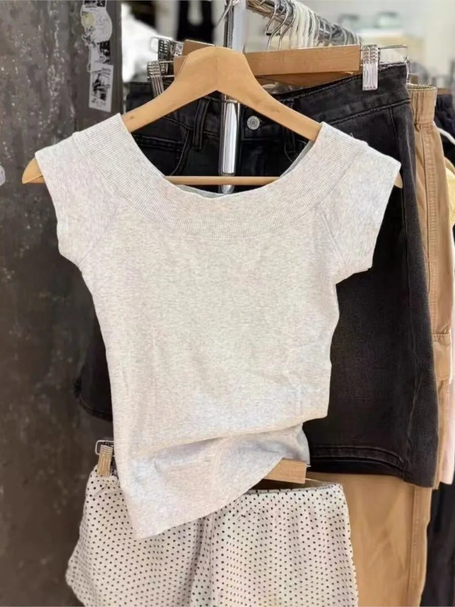 Gray Knitted Slash Neck T-shirts Women Summer New Casual Streetwear Short Sleeve Tees Vintage Sweet Cotton Chic Tshirt Y2K Tops