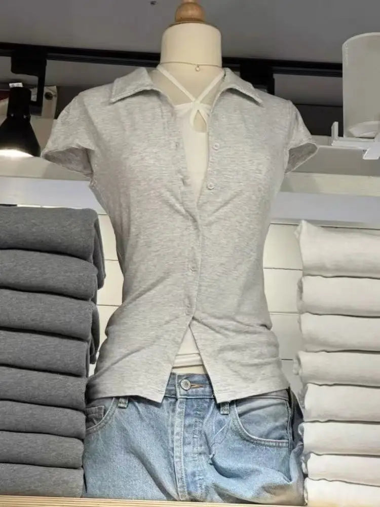 White Buttons Short Sleeve Tees Women Summer Cotton Soft Turn Down Collar Preppy Style Tops Blouse Sweet Chic All-match T-shirts