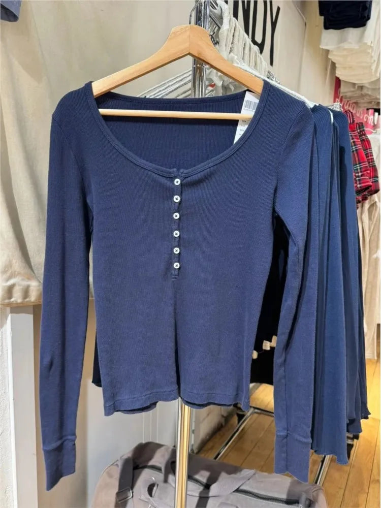 Navy Six ButtonsT-shirts Women Autumn New Round Neck Cotton Ribbed Slim  Long Sleeve Tee Top Casual Vintage Chic Tshirt Y2k Tops