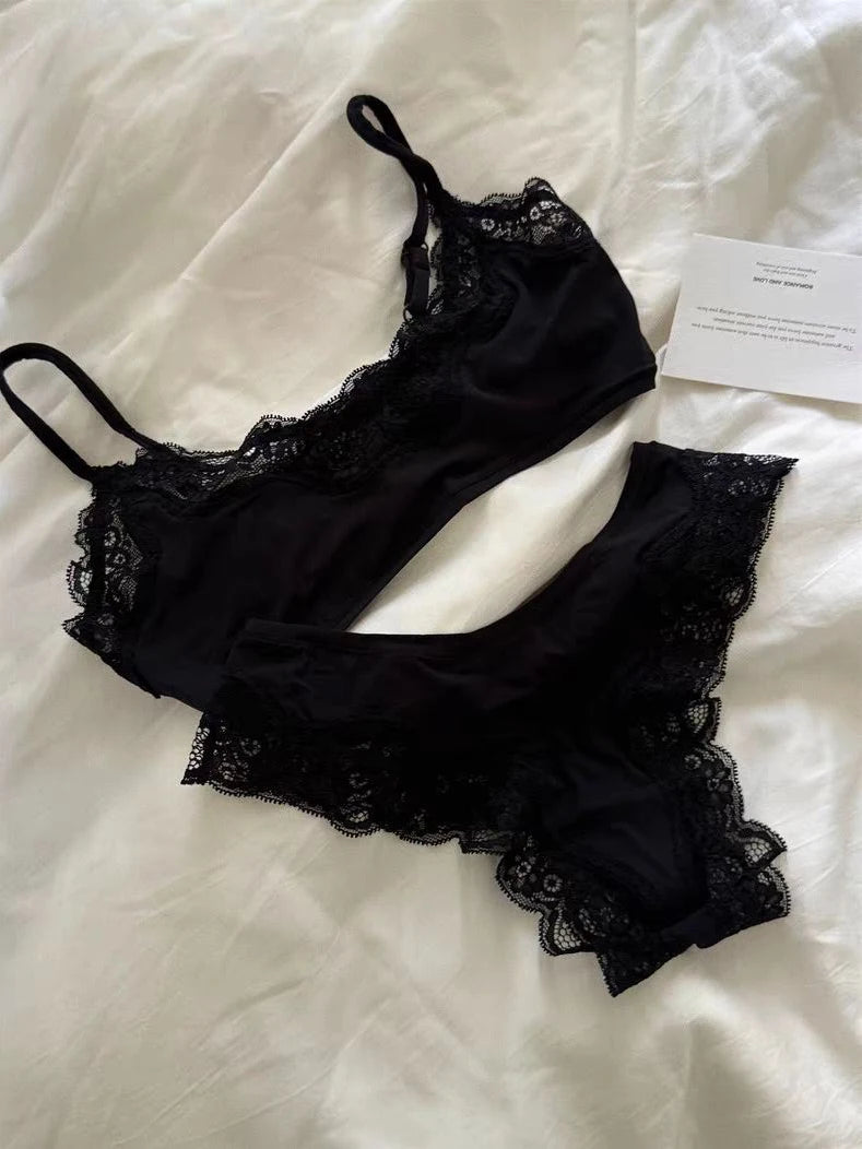 Pink Lace Bra Set Woman Adjusted-strap Seamless Bras+Low Waist Panties Female Casual Simple Solid High Elasticity Lingerie Sets