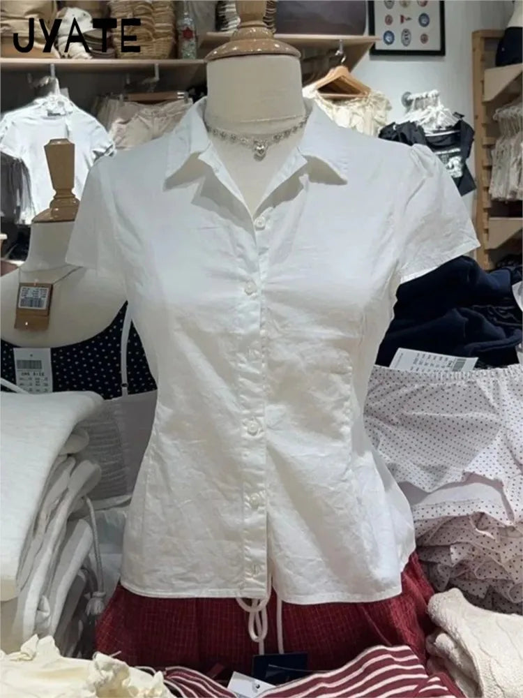 Back Lace-up White Blouse T-shirts Women Summer Casual Preppy Peter Pan Collar Short Sleeve Tees Cute Sweet Slim Y2K Crop Tops
