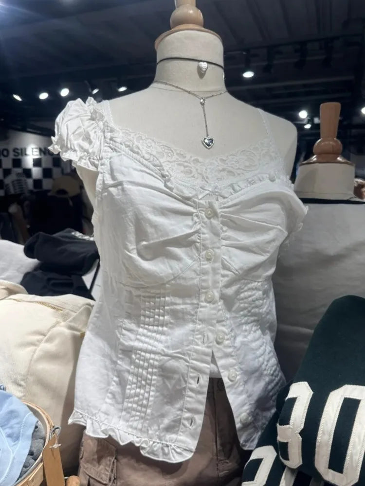 White Buttons V-neck Slim T-shirts Women Summer Lace Trim Retro Cotton Short Sleeve Tees Female Sweet Cute Street Tops Y2K