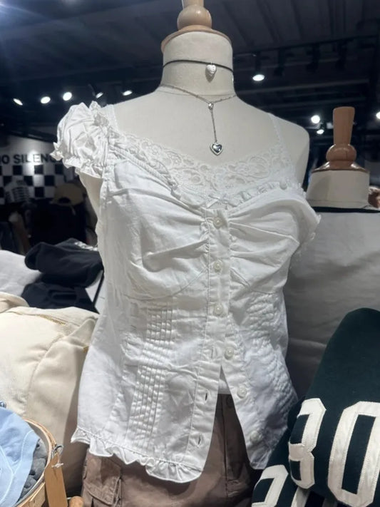 White Buttons V-neck Slim T-shirts Women Summer Lace Trim Retro Cotton Short Sleeve Tees Female Sweet Cute Street Tops Y2K