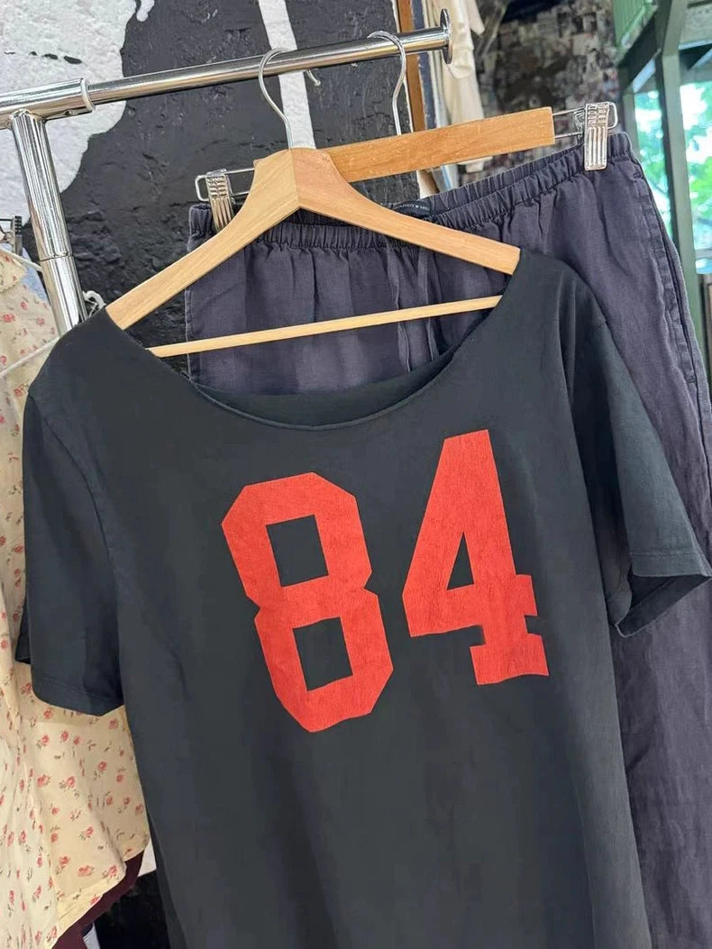 Fashion NO.84 Print Slash Neck T-shirts Women Summer Simple Casual Cotton Slim Short Sleeve Tee Vintage Preppy Style Tshirt Y2K