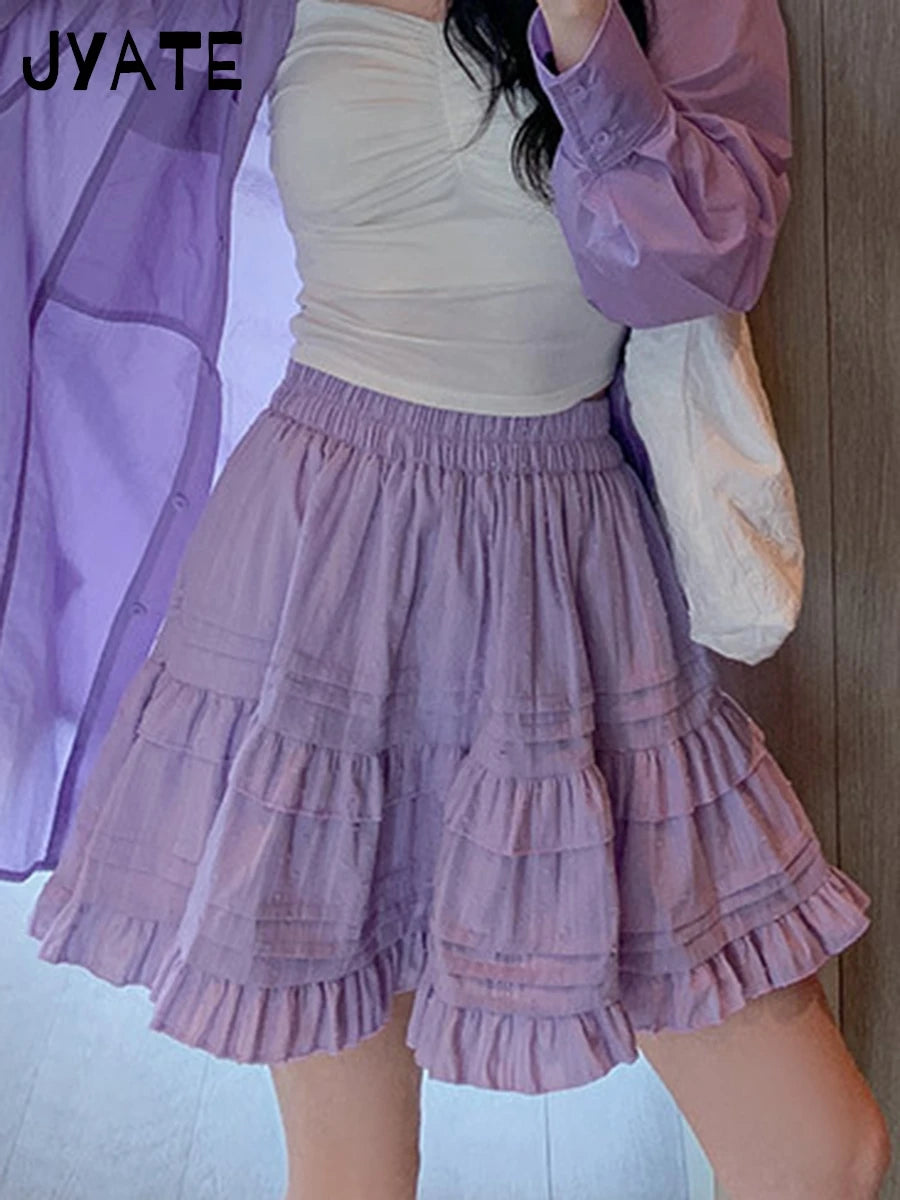 Purple Ruffle Cotton Mini Skirt Women Summer Casual Streetwear High Waist A-line Short Faldas Sweet Vintage Cute Y2K Skirts New