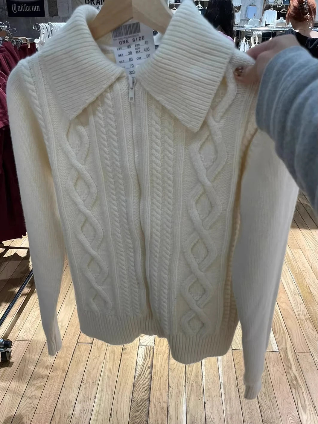 Autumn Twisted Flower Knitted Sweater Cardigan Woman Turn Down Collar Zipper Long Sleeve Coat Sweet Cute Y2k Sweaters Tops