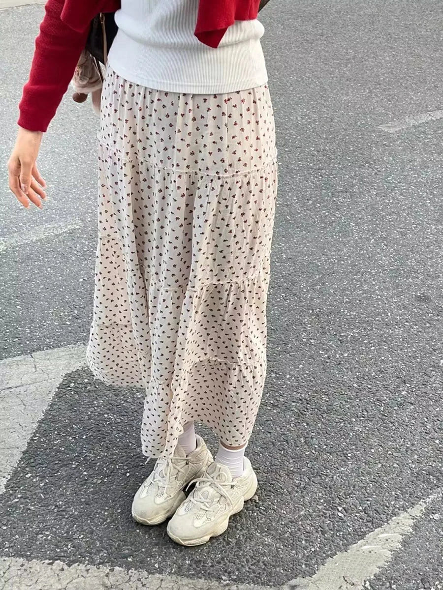 Sweet Ruffled Floral Print A-line Skirts Women Summer Casual Streetwear Elasyic High Waist Cotton Mini-Skirt Cute Chic Y2K Falda
