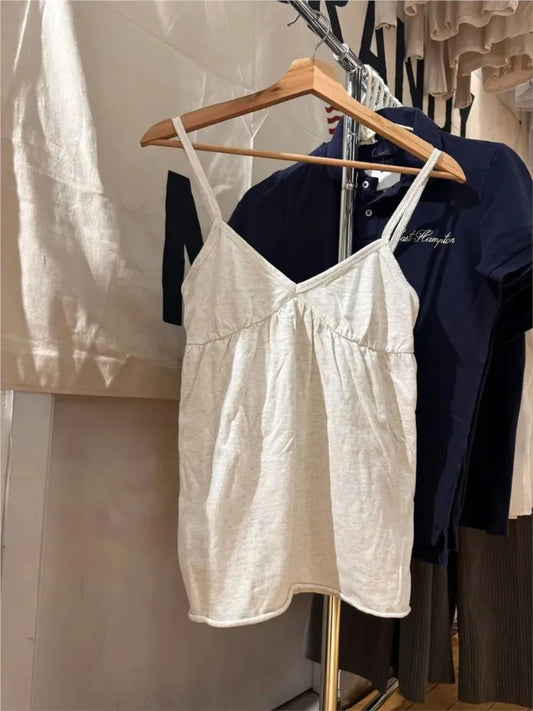 Sweet Raw Hem V-neck Long Camisole Women Sexy Light Grey Backless Cotton Tank Top Female Casual Simple Basic Vest Y2k Tops New