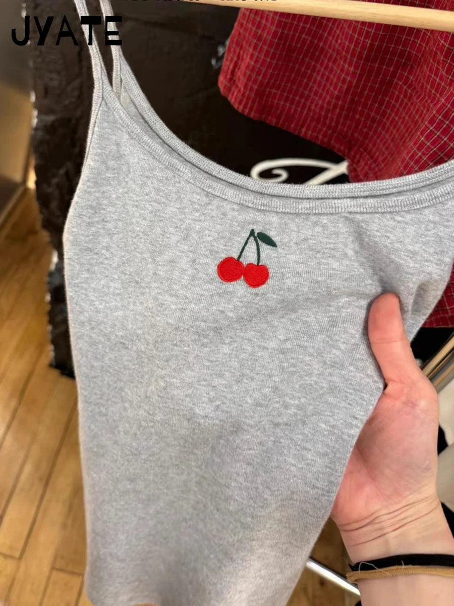 Cute Cherry Embroidery Slim Tank Tops Women Summer New Cotton Soft Casual Sleeveless Cropped Vests Sweet Preppy Style Camis Y2K