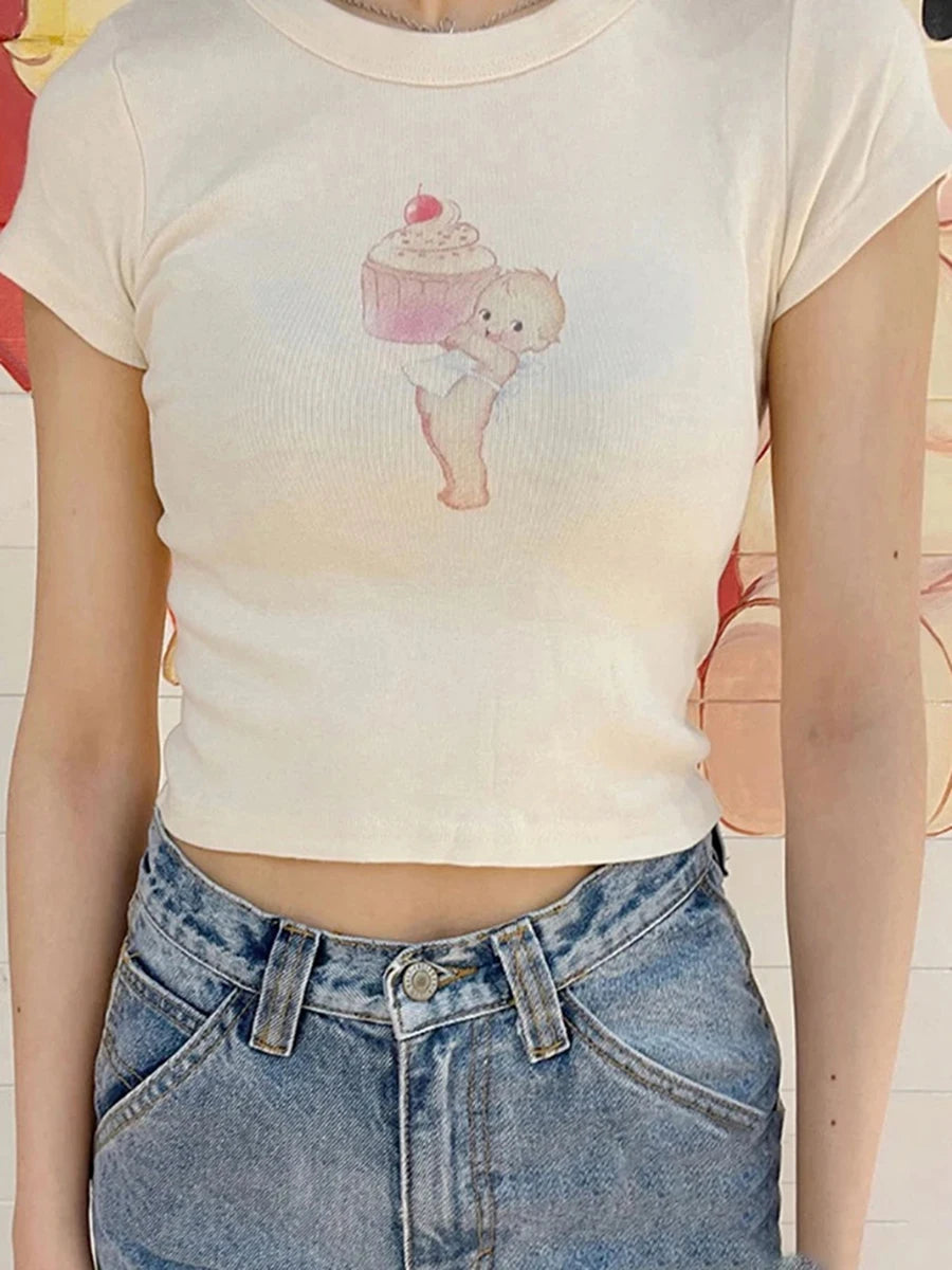Angel Print Cute Crop Tops Women Casual Streetwear Summer Cotton Slim Sweet Short Sleeve Tees Chic Simple Vintage Y2K T-shirts