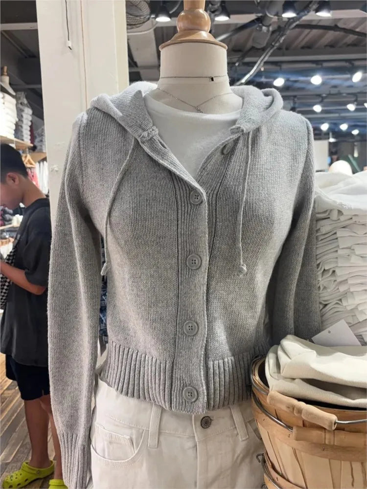 Autumn Gray Cotton Crop Sweater Cardigan Women Buttons Slim Hooded Long Sleeve Knitted Hoodie Cute Preppy Style Sweet Sweaters