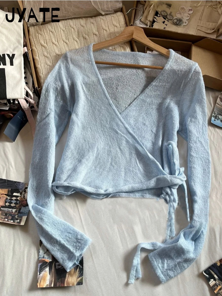 Blue Lace-up Knitted Mohair Sweater Cardigan Women Solid V-neck Cute Long Sleeve Sweaters Sweet Vintage Knitwear Y2K Crop Tops