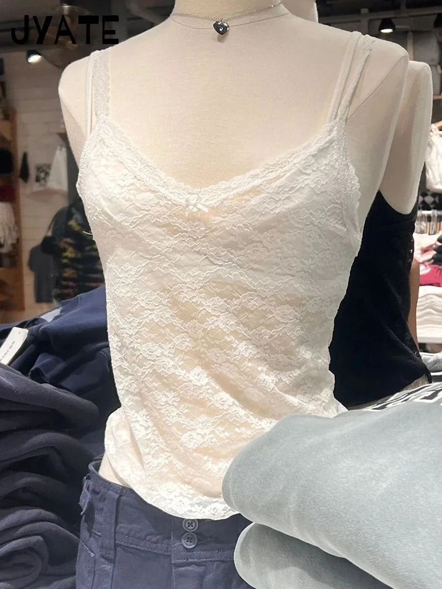 Solid Sexy Lace Sheer Bow Crop Camisole Women New Streetwear Slim Smock Preppy Style Sleeveless Vest Vintage Sweet Tank Tops Y2K