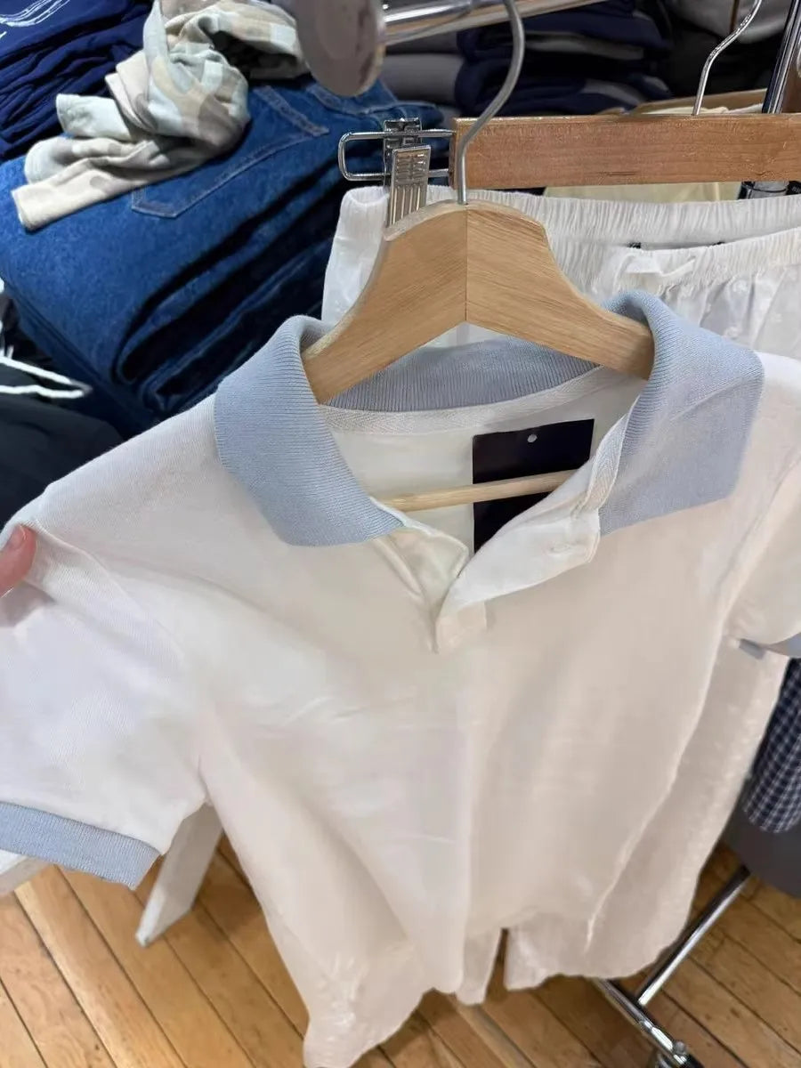 White Blue Patchwork Polo T-shirt Women Summer Cotton Turn Down Collar Short Sleeve Tees Sweet Preppy Style T Shirt Clothes Y2K