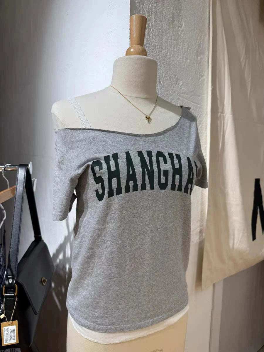 Retro Raw Hem Slash Neck Crop Top Women Simple Letter Print Slim Cotton Short Sleeve Tee Vintage Sweet Preppy Style Tshirt Y2K