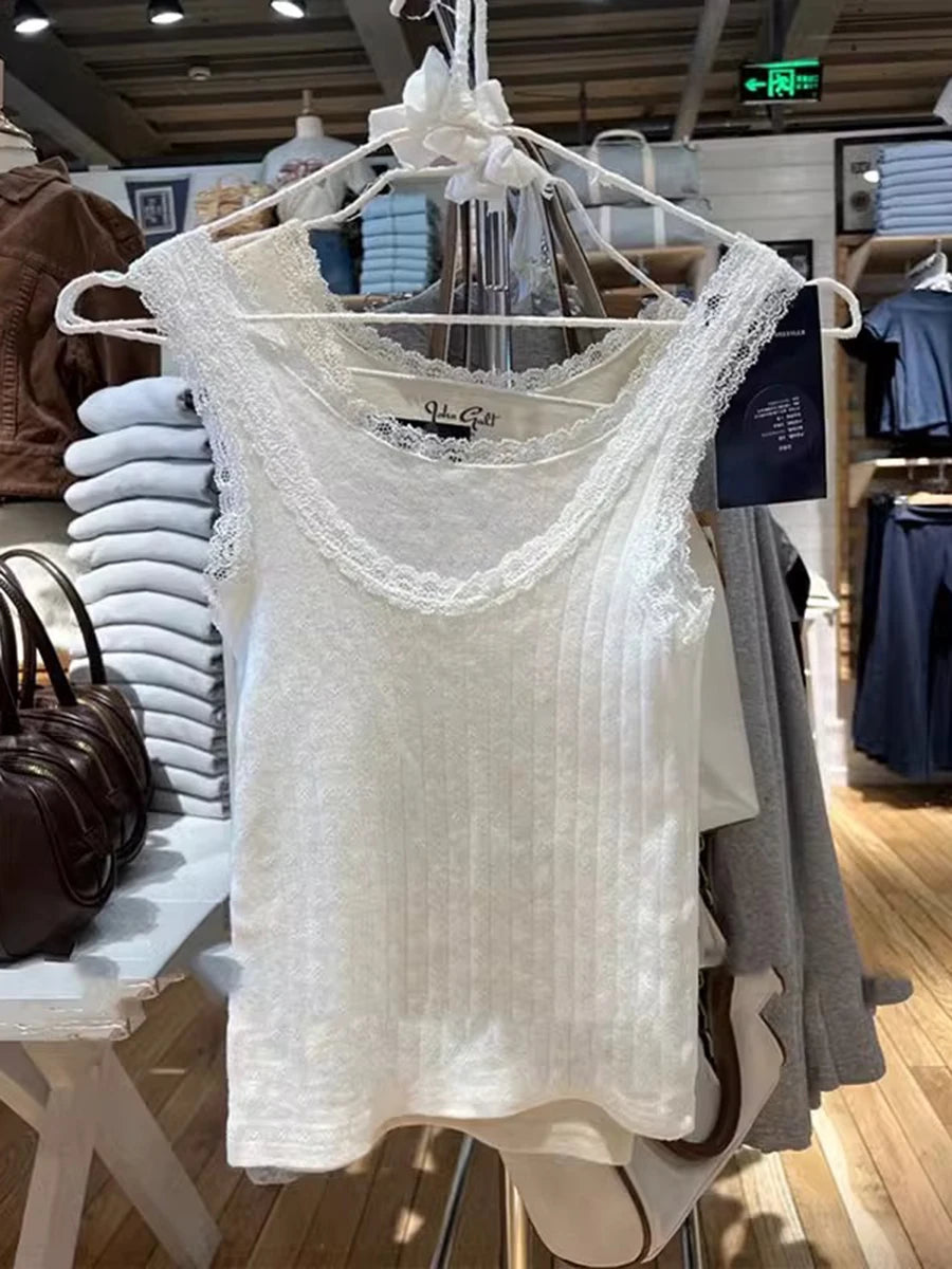 New Sweet Blue Lace Trim Tank Tops Women Summer Cotton Slim Sexy Simple Sleeveless Vests Harajuku Vintage Cute Camis Y2K Clothes