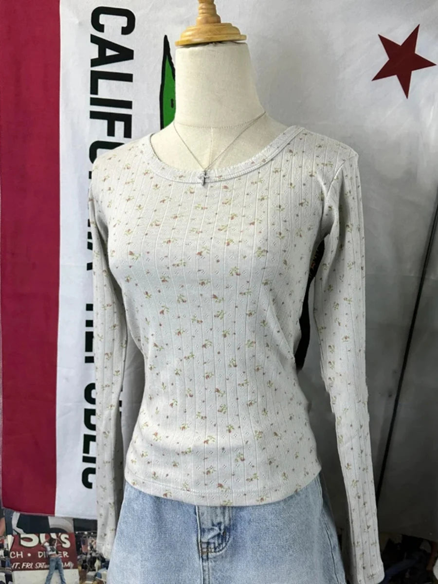 Floral Print Hollow Out Long Sleeve Tees Women Spring New Cotton Casual Slim Preppy Style Tops Vintage Sweet Cute Chic T-shirts