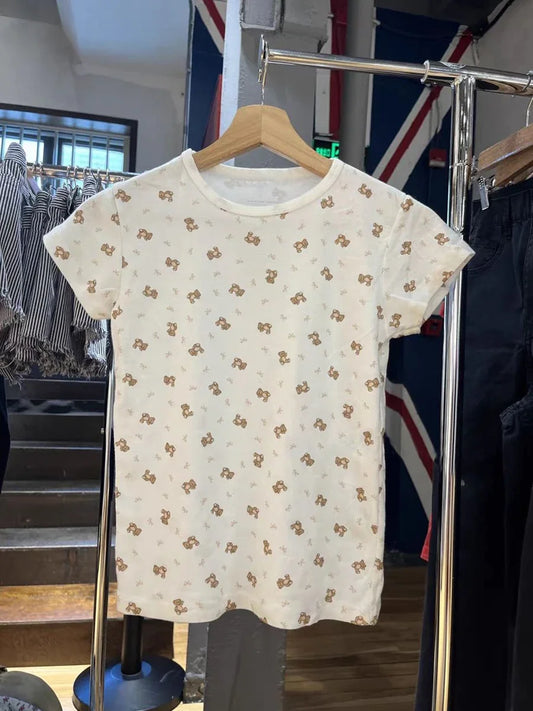 Little Bear Bow Print Slim T-shirt Woman Summer Round Neck Short Sleeve Cottton Tee Shirts Casual Sweet Cute New Tshirt Y2k Tops