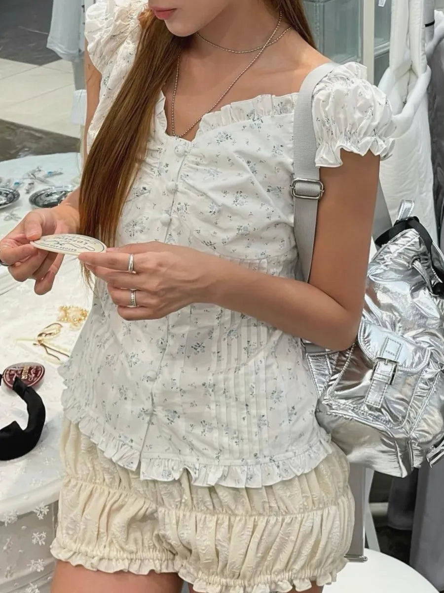 Sweet Ruffle Sleeveless Floral Blouse Top Women New Casual Single Breasted Folds Tank Tops Vest Steetwear Vintage Chic Camisole