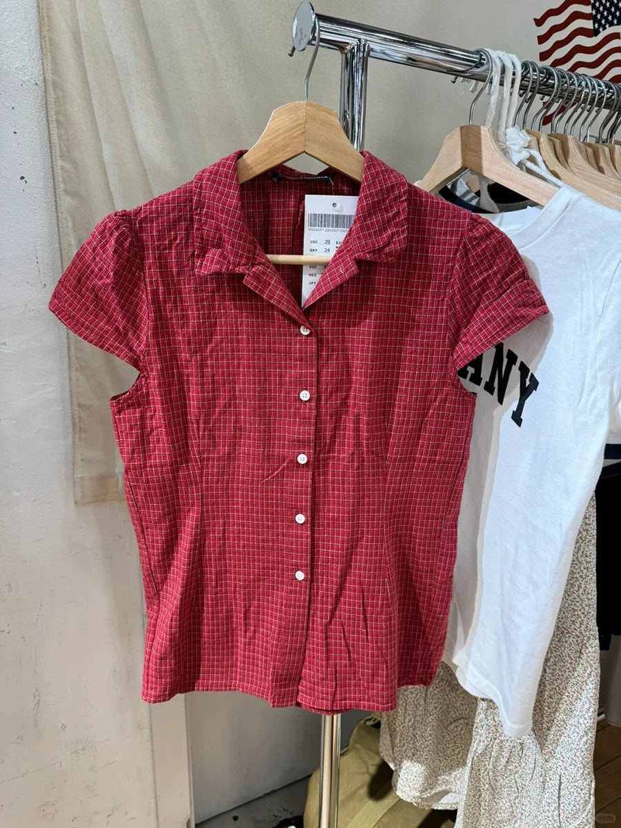 Retro Red Buttons Blouse Women Summer New Streetwear Lapel Short Sleeve Tees Sweet Vintage Cute Preppy Style T-shirts Y2K Tops