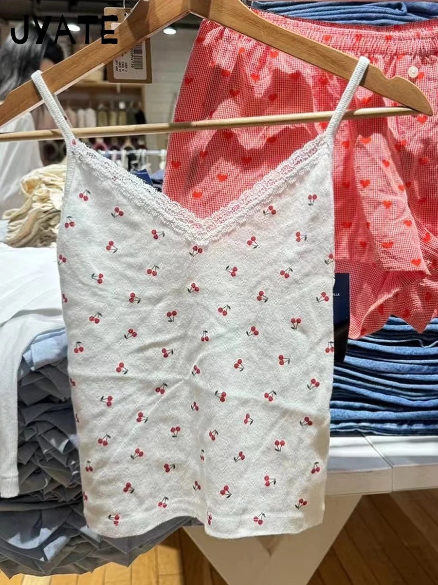 Cherry Print Eyelet Camisole Women New Cotton Soft Lace Trim V-neck Slim Sleeveless Vests Sweet Cute Chic Vintage Tank Tops Y2K