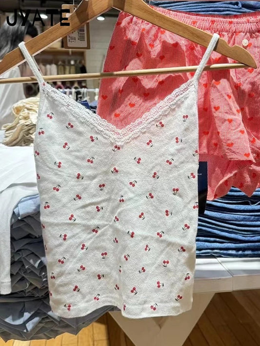 Cherry Print Eyelet Camisole Women New Cotton Soft Lace Trim V-neck Slim Sleeveless Vests Sweet Cute Chic Vintage Tank Tops Y2K