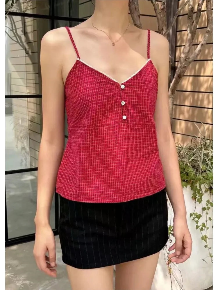 Red Plaid Buttons V-neck Camis Women Summer Casual Lace Trim Slim Simple Sleeveless Vests Vintage Sweet Preppy Style Tank Tops