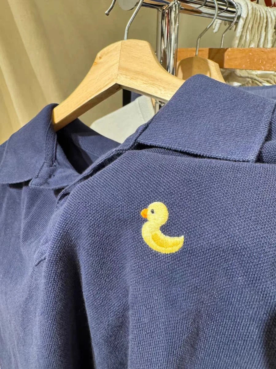 Cute Little Duck Embroidery T-shirt Women Summer Cotton Turn Down Collar Short Sleeve Tees Vintage Sweet Preppy Style T Shirt