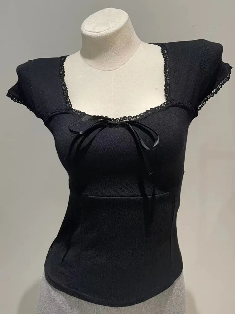 Lace Trim Square Neck T-shirts Women Summer New Casual Slim Bow Folds Texture Short Sleeve Tees Sweet Cute Preppy Style Tops Y2K