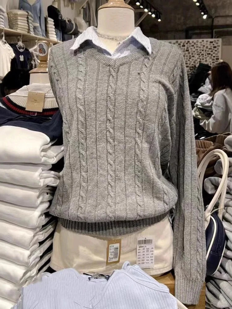 Navy Twisted Flower Knitted Sweater For Woman Spring V-neck Long Sleeve Slim Pullover Cute Vintage Streetwear Jumper Tops Y2k