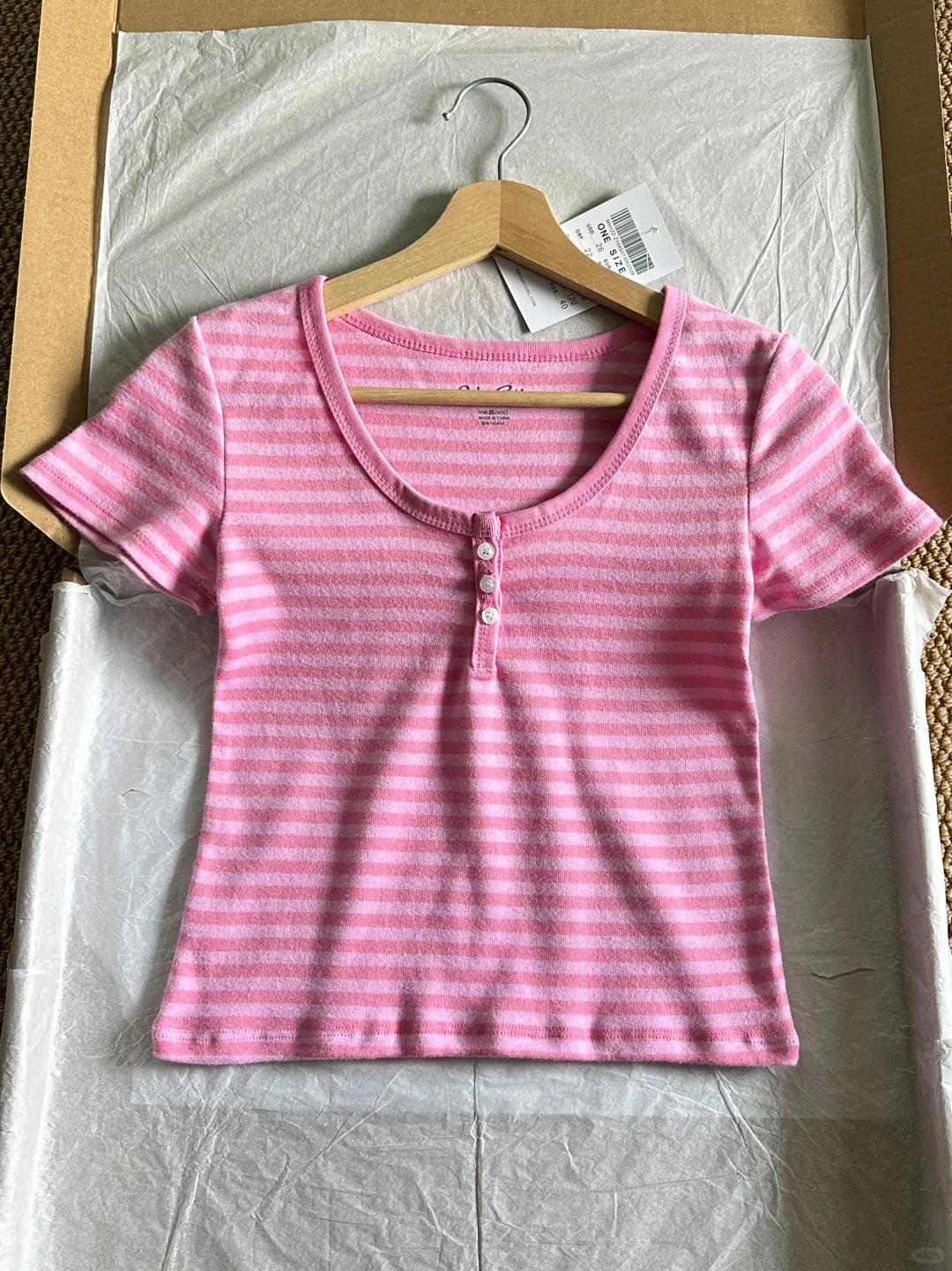 Pink Striped Collection Tshirt Women Simple Casual Cotton Buttons T-shirts Sweet Cute Preppy Style Camisole+Slim Short Pants Y2K
