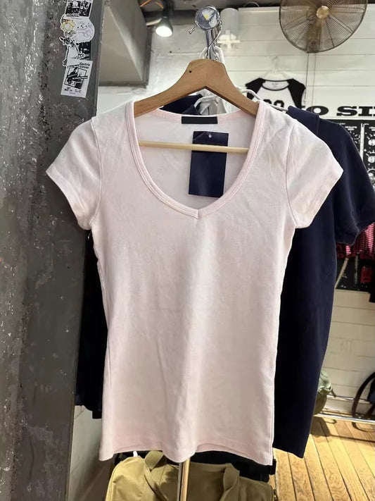 Pink Sweet V-neck Cotton Short Sleeve Tee Women New Casual Simple Preppy Style Slim Tops Clothes Vintage Sweet Chic T-shirt Y2K